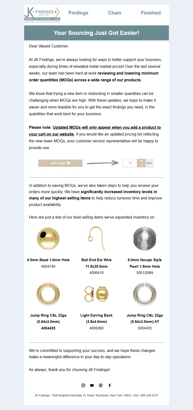 Good News: Reduced MOQs + Increased Inventory at JK Findings!