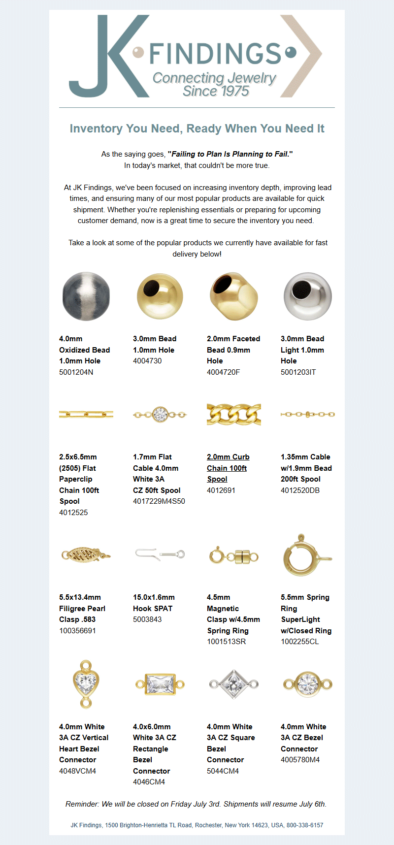Replenish Essentials with JK Findings' Quick Shipment