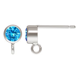 4mm Aqua Blue 3A CZ Post Earring w / Ring AT