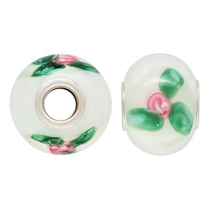 14x10mm White & Roses Glass Bead 4.7mm Hole