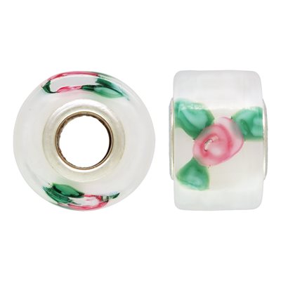 12x8mm White&Roses Glass Wheel Bd 4.7mm Hole