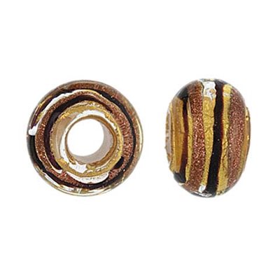 14x10mm Gold&Brown Stripe Glass Bead 5mm Hole