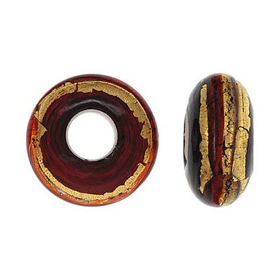 14x7mm Gold Stripe & Red Glass Bead 5mm Hole
